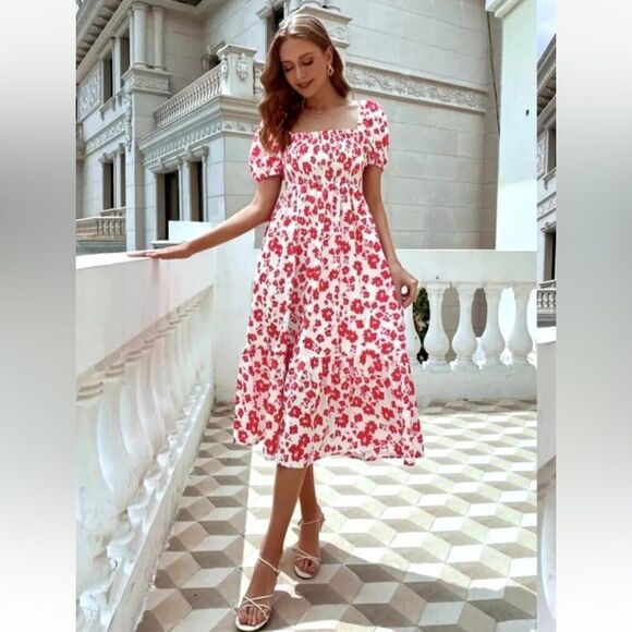 ZARA Floral Print Puff Sleeve Summer Midi Dress - Picture 1 of 14